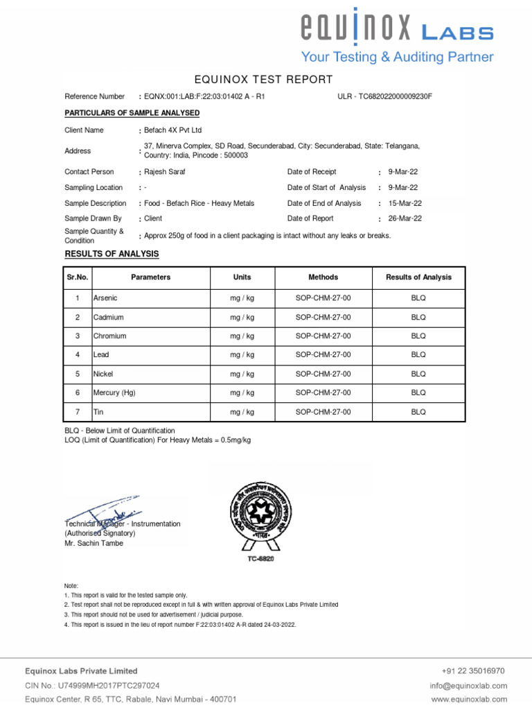Equinox Labs Heavy Metal Test Report | PDF | Materials | Chemical ...