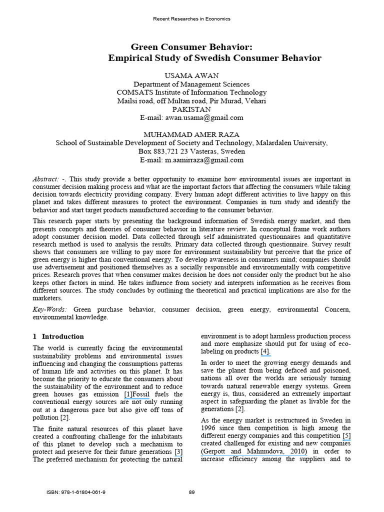 Green Consumer Behavior in Sweden | PDF | Behavior | Survey Methodology