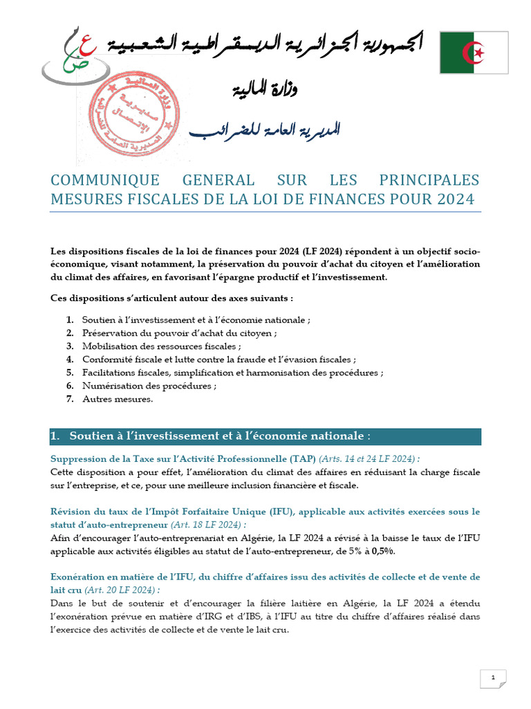 Mesures fiscales de la loi 2024 en Algérie | PDF | Impôts | Taxe sur la ...