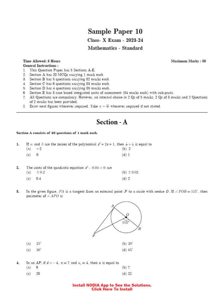 Class 10 Maths Sample Paper 2023 | PDF | Abstract Algebra | Elementary ...