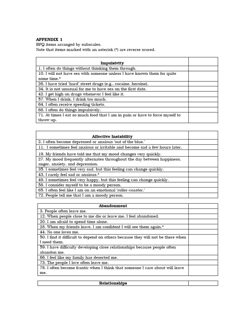 BPQ Borderline Personality Questionnaire | PDF | Anger | Anxiety
