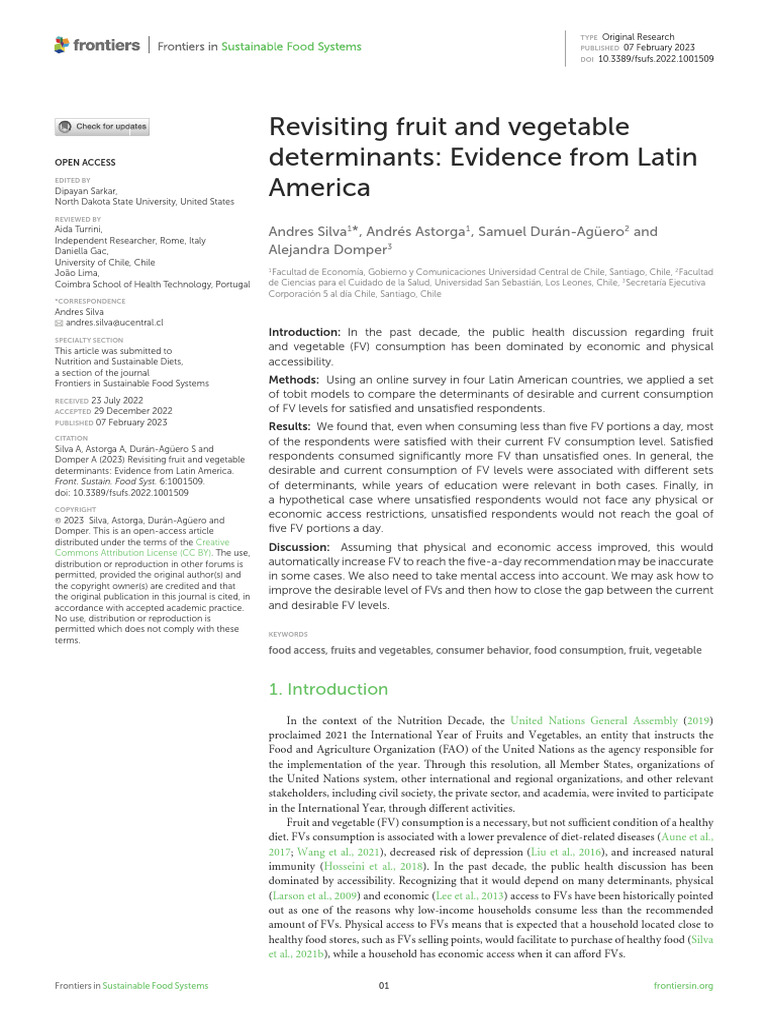 Revisiting Fruit and Vegetable Determinants: Evidence From Latin ...