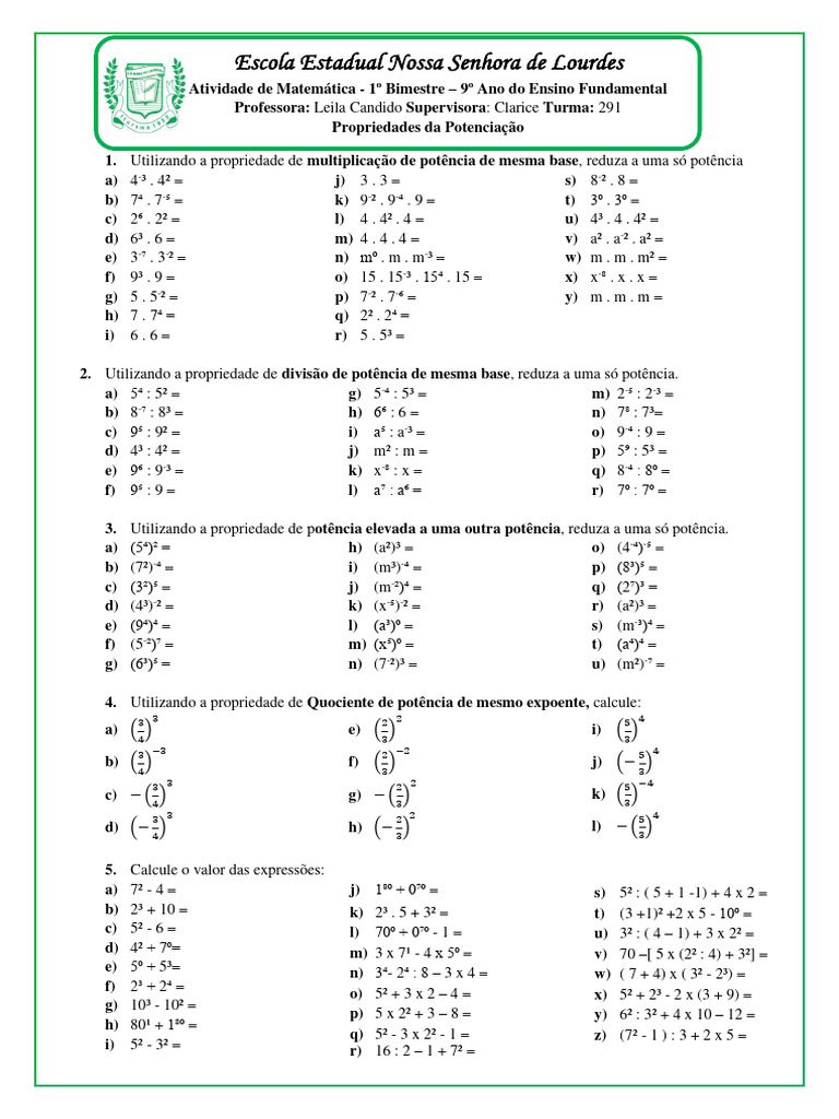 Exercícios sobre Propriedades das Potências | PDF | Matemática ...