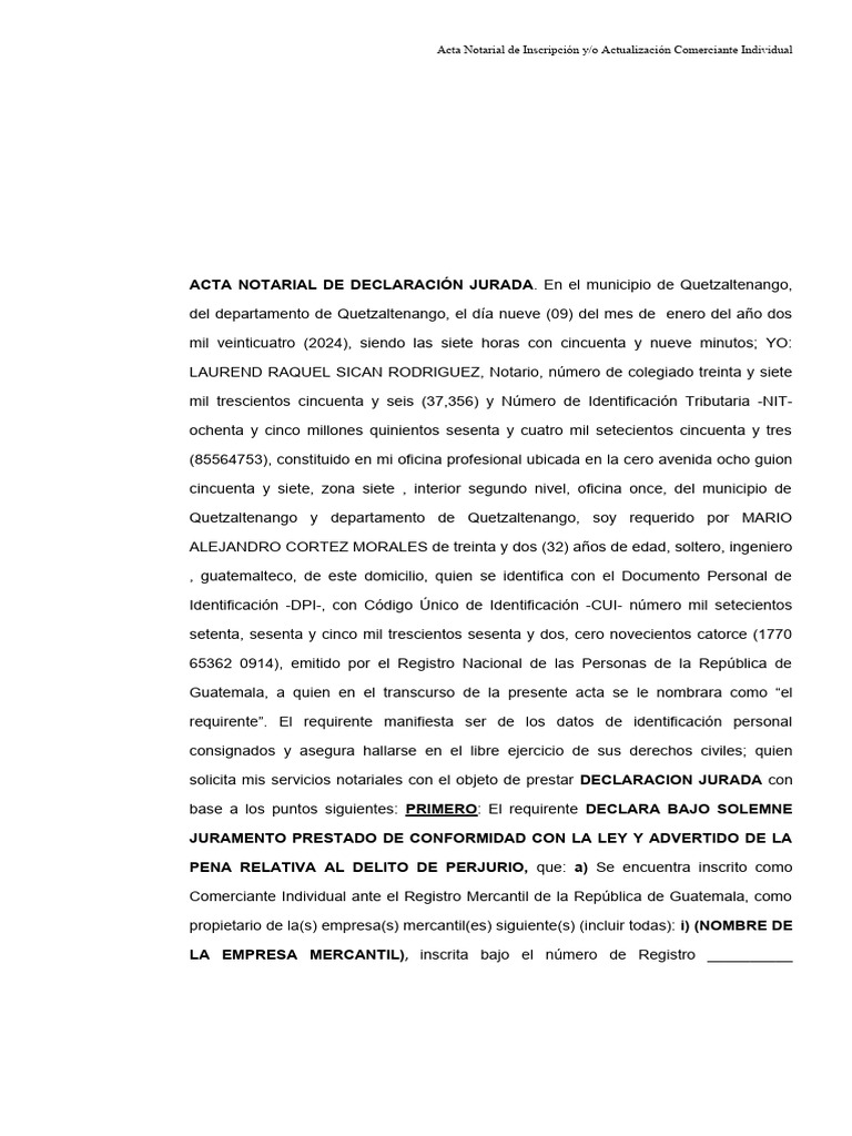 Acta de Declaración Jurada Notarial | PDF | Guatemala | Justicia