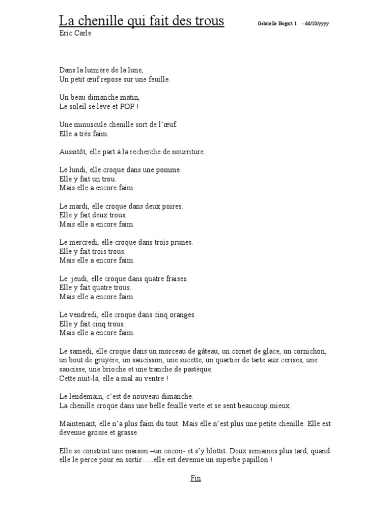 La Chenille Qui Fait Des Trous Text