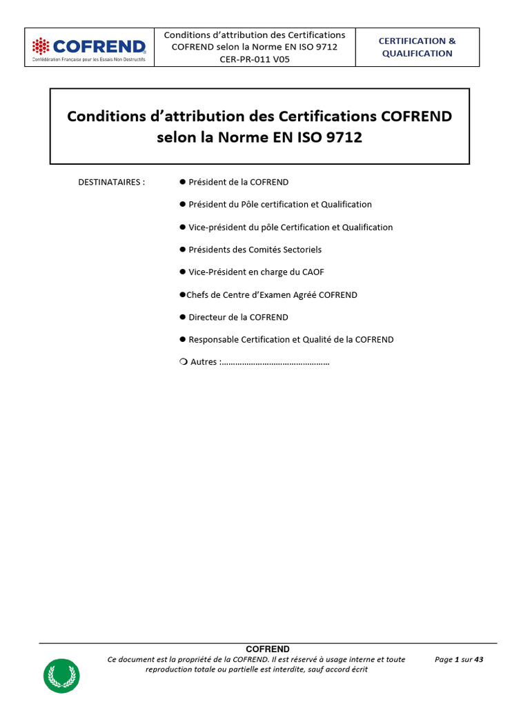 Conditions de Certification COFREND ISO 9712 | PDF | Contrôle non ...