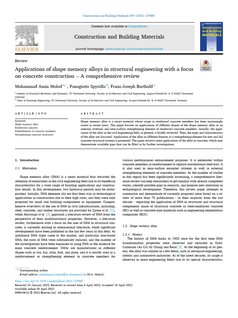 Applications Of Shape Memory Alloys In Structural Engineering Pdf