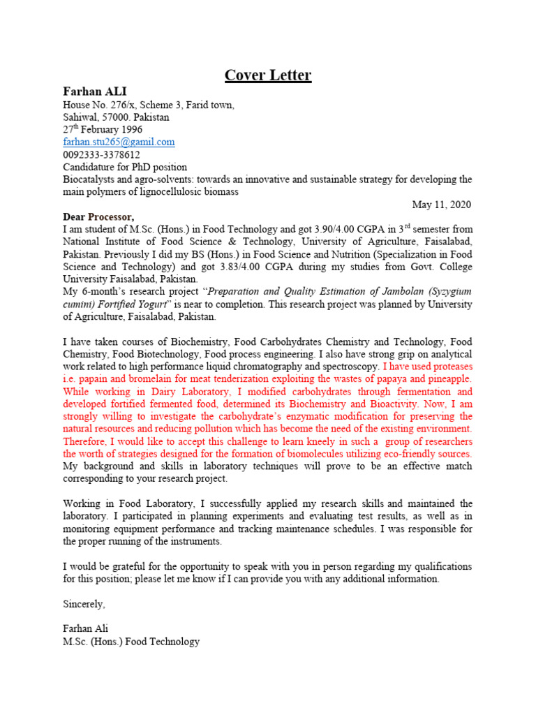ALI - Farhan - Motivation Letter For PHD Position | PDF | Food Science ...