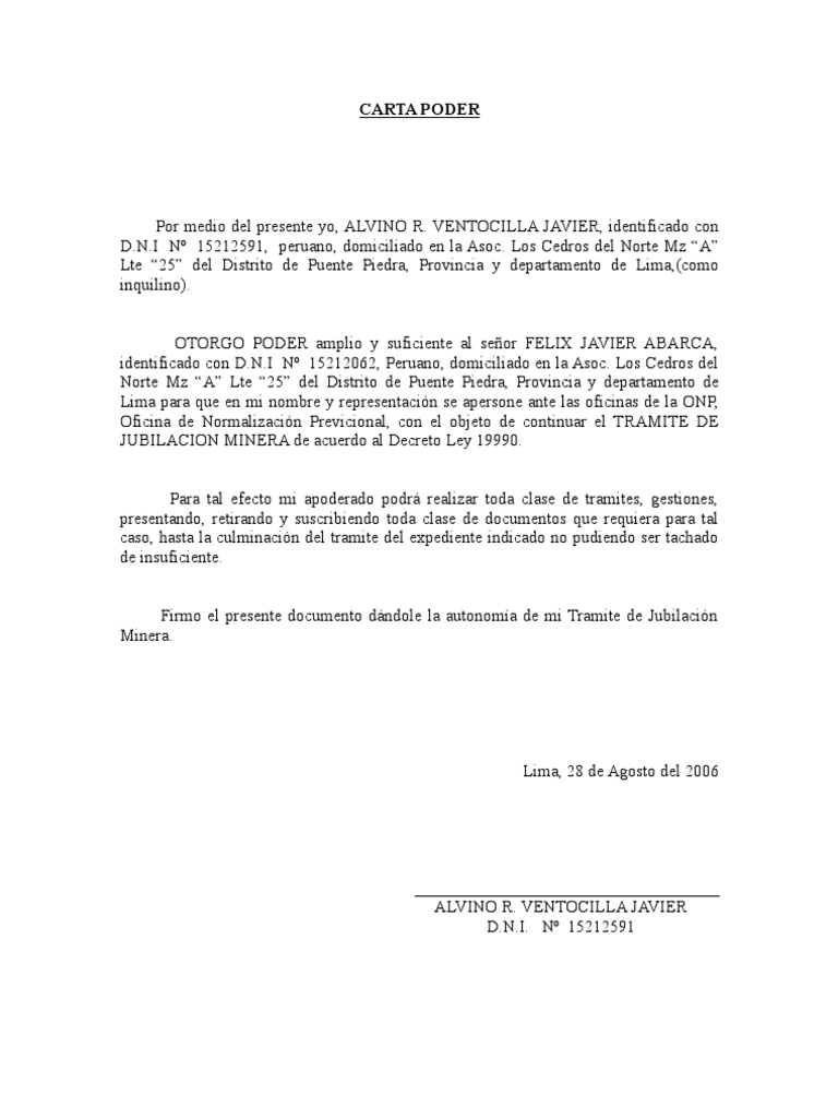 Modelo De Carta Poder Simple Para Tramites Documentarios Peru Word