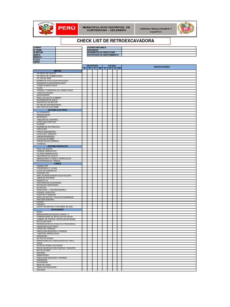 Check List - Retroexcavadora | PDF | Neumático | Vehículo de motor