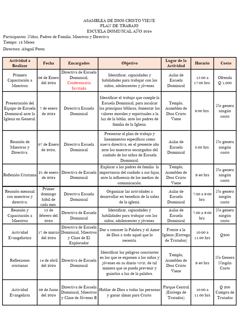 Plan de Trabajo Escuela Dominical 2024 | PDF