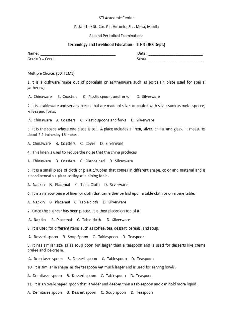 TLE 9 Second Quarter Exam Review | PDF | Teaspoon | Tableware