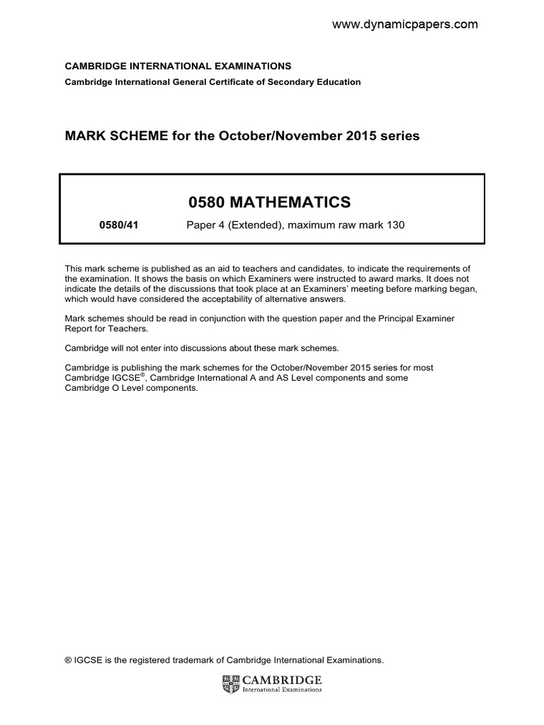 0580 Mathematics: MARK SCHEME For The October/November 2015 Series ...