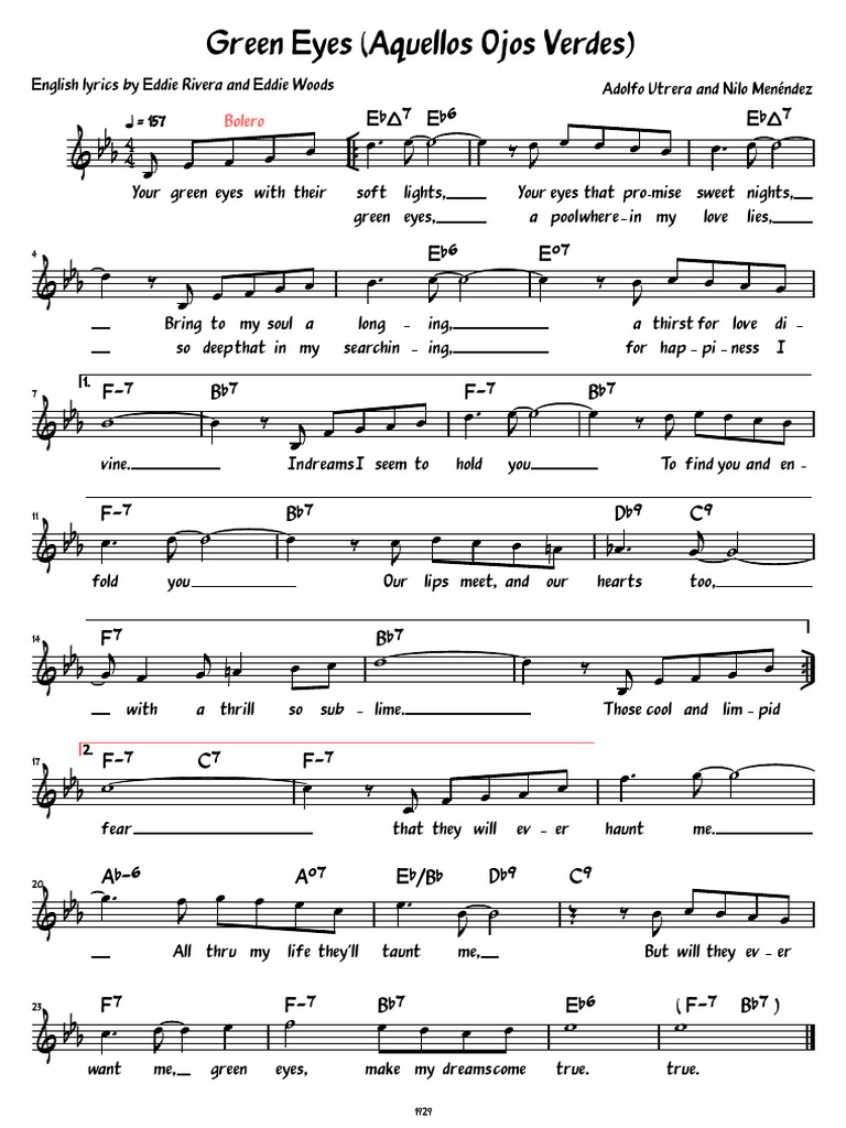 Green Eyes Aquellos Ojos Verdes Lead Sheet With Lyrics PDF Recorded