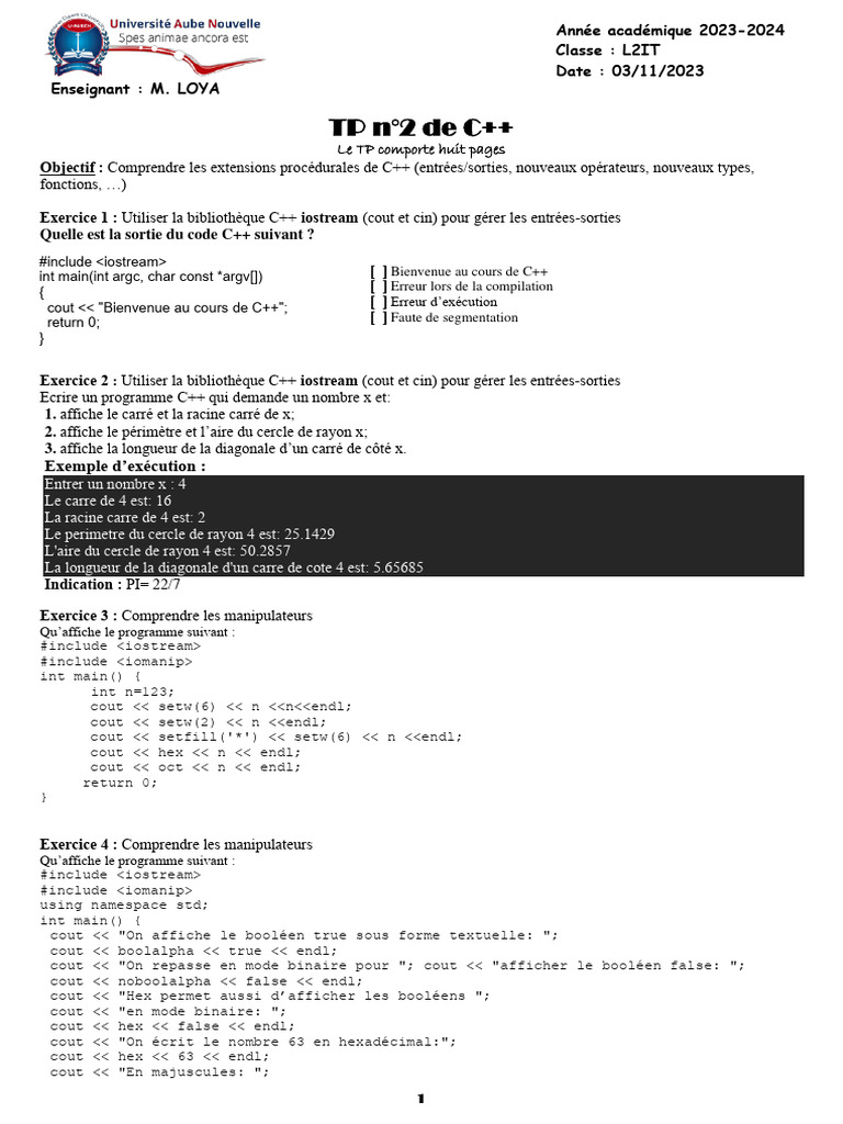 TP C++ : Exercices sur les Entrées/Sorties | PDF | C ++ | Informatique