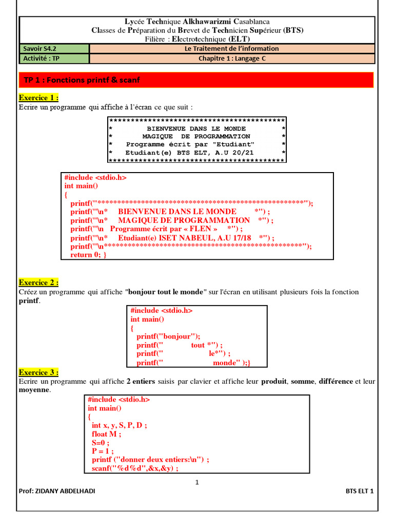 TP 1: Fonctions Printf & Scanf Iii | PDF | Informatique | Programmation ...