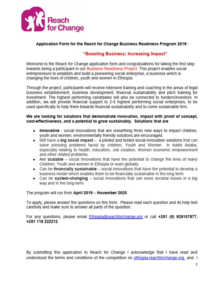 Reach for Change 2019 Application Form | PDF | Sustainability | Revenue