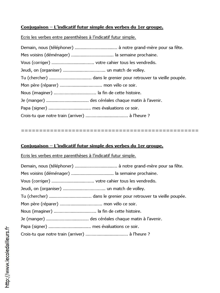 Exercices futur simple 1er groupe CE2 | PDF | Syntaxe | Conjugaison