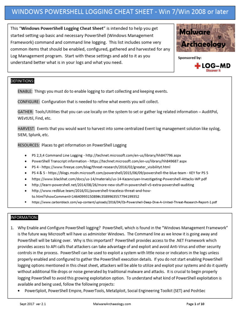 Windows Powershell Logging Cheat Sheet - Win 7/win 2008 or Later | PDF ...