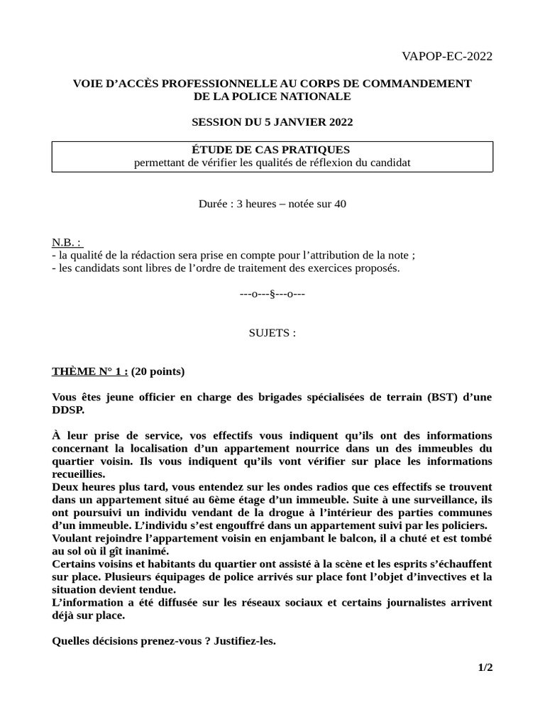 corrigé vap officier Étude de cas VAP Officier de Police 2022 | PDF