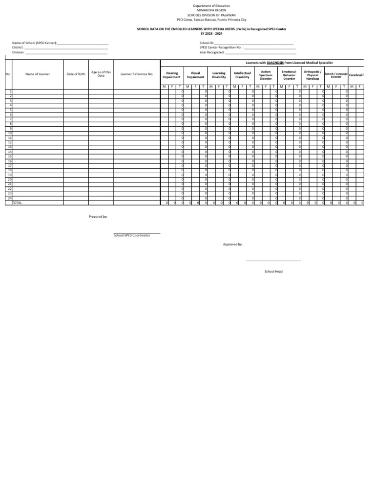 School District Special Needs Education Sned Data 2023 2024 PDF Disability Intellectual
