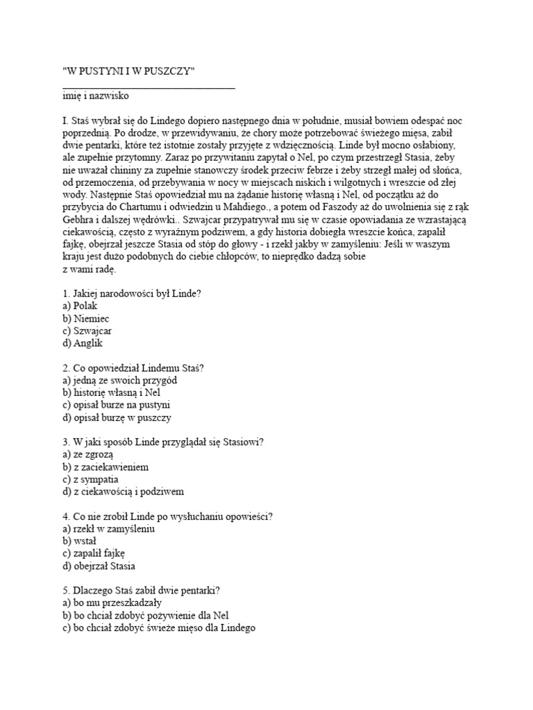 Test Ze Znajomości Lektury W Pustyni Iw Puszczy Odpowiedzi W Pustyni I W Puszczy Test | PDF