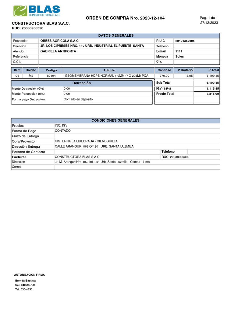 Orden de Compra Geomembrana HDPE | PDF