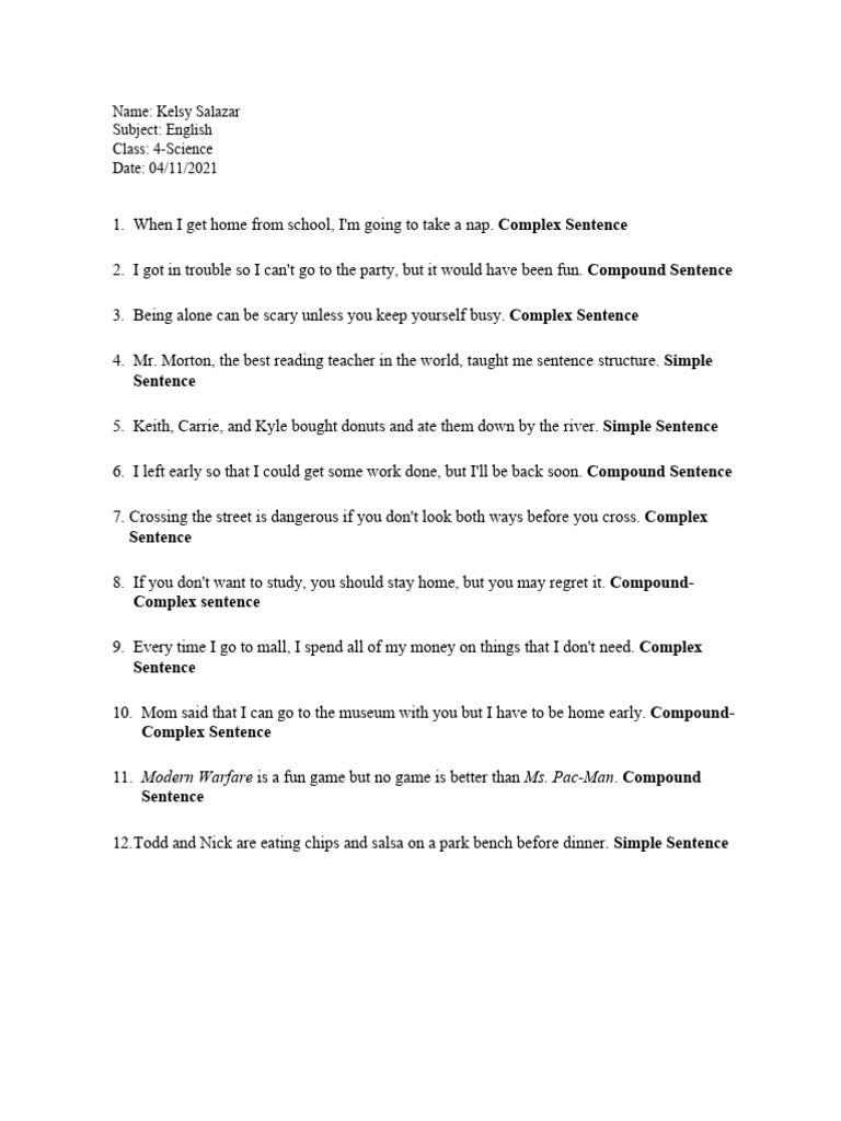 Sentence Structure Examples for Class 4 | PDF