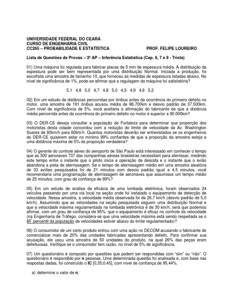 Questões de Inferência Estatística UFCE | PDF | Intervalo de confiança ...