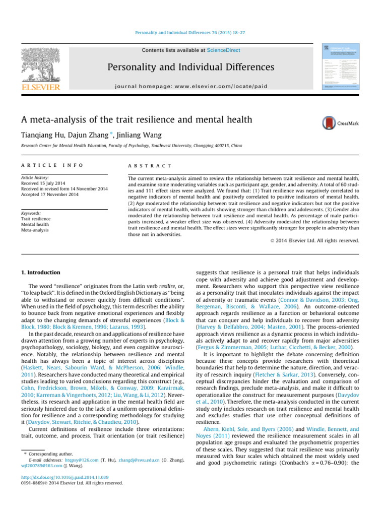 Resilience and Mental Health Meta-Analysis | PDF | Psychological ...