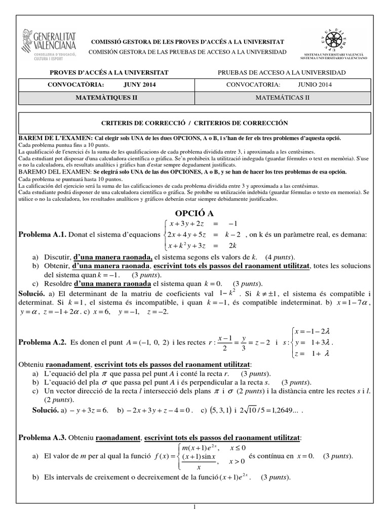 Matemáticas II - Junio 2014 | PDF