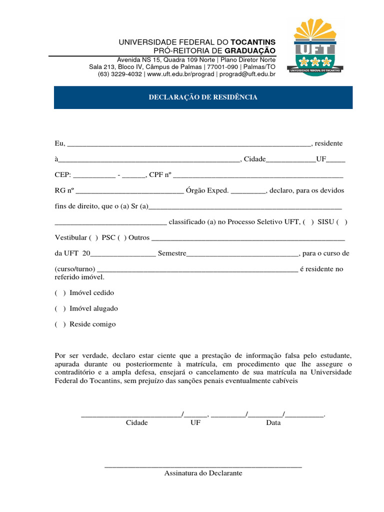 Declaração de Residência UFT | PDF
