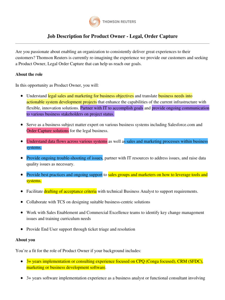 Job - Description - JREQ162170 - Product Owner - Legal, Order Capture ...