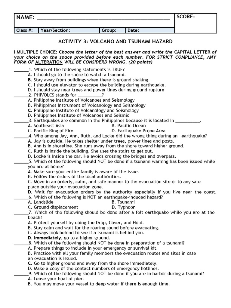 Volcano and Tsunami Hazard Quiz | PDF | Tsunami | Earthquakes