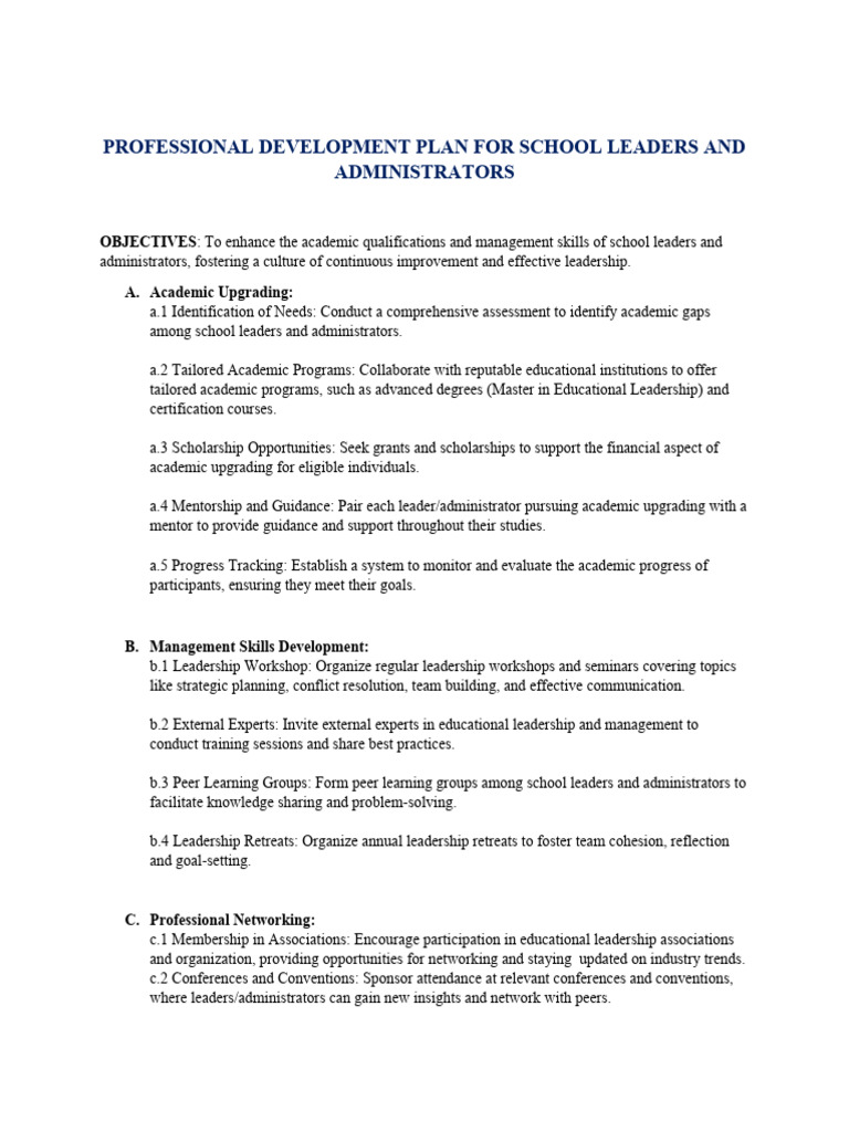 Professional Development Plan For School Leaders and Administrators