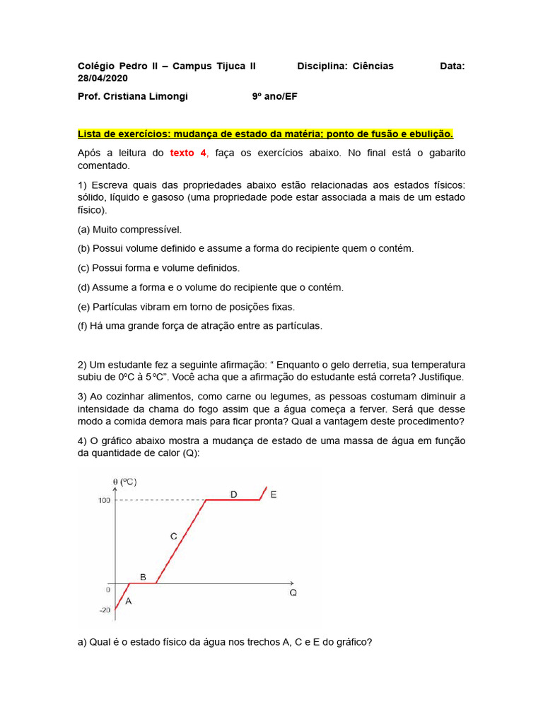 Exercícios sobre Mudança de Estado Físico | PDF | Congelamento ...