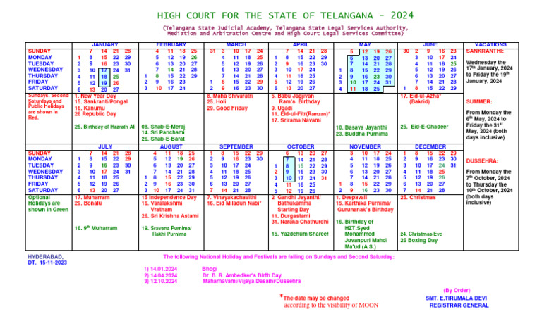 Telangana High Court 2024 Calendar PDF Holidays Hindu Worship