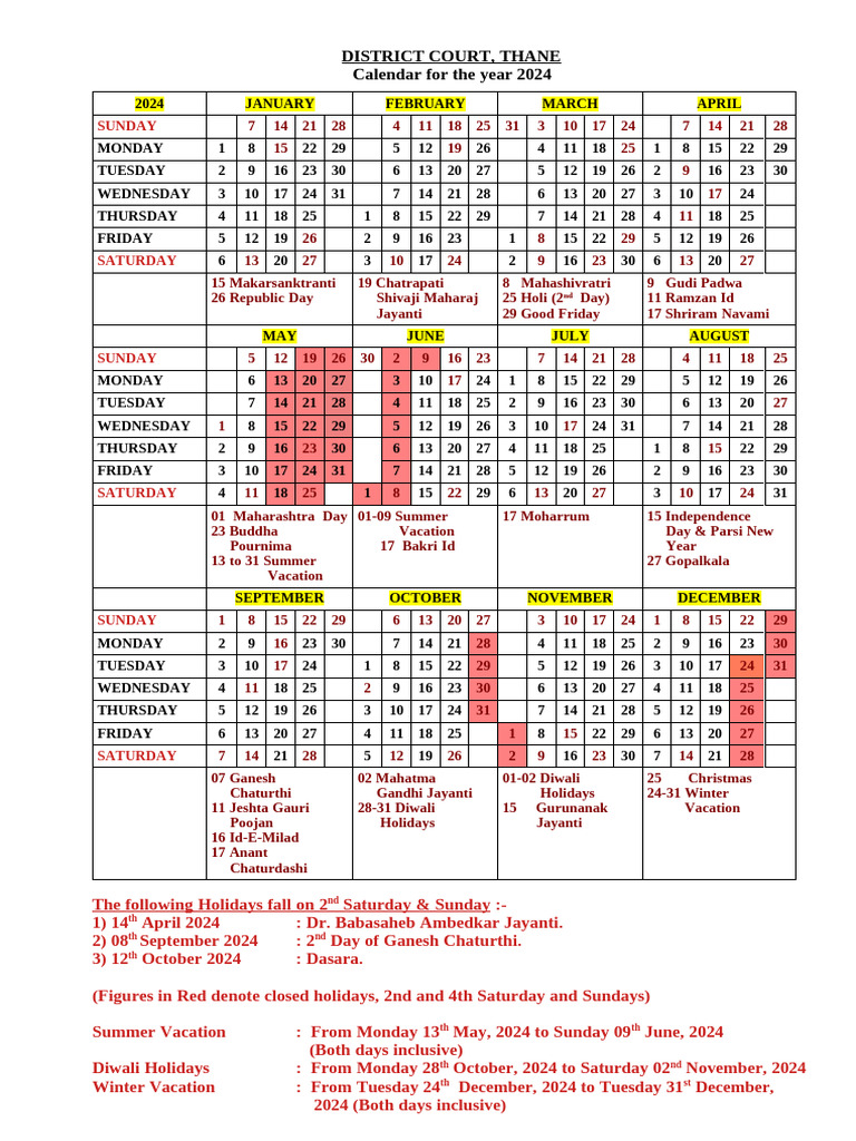 Thane District Court 2024 Calendar PDF Festival Holidays