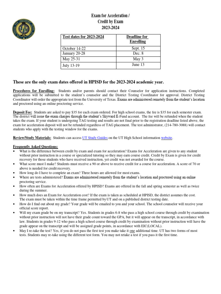 Exam For Acceleration / Credit by Exam: October 14-22 Sept. 15 January ...