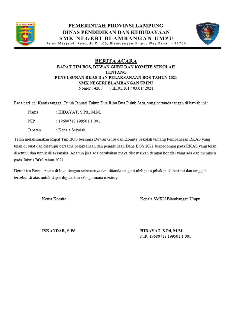 Berita Acara Rapat Tim BOS 2021 | PDF