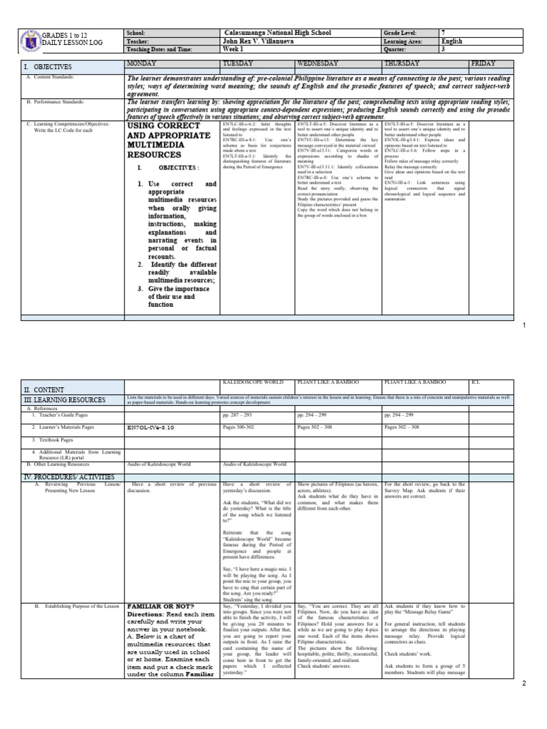 Grade 7 English Daily Lesson Plan | PDF | Teachers | Learning