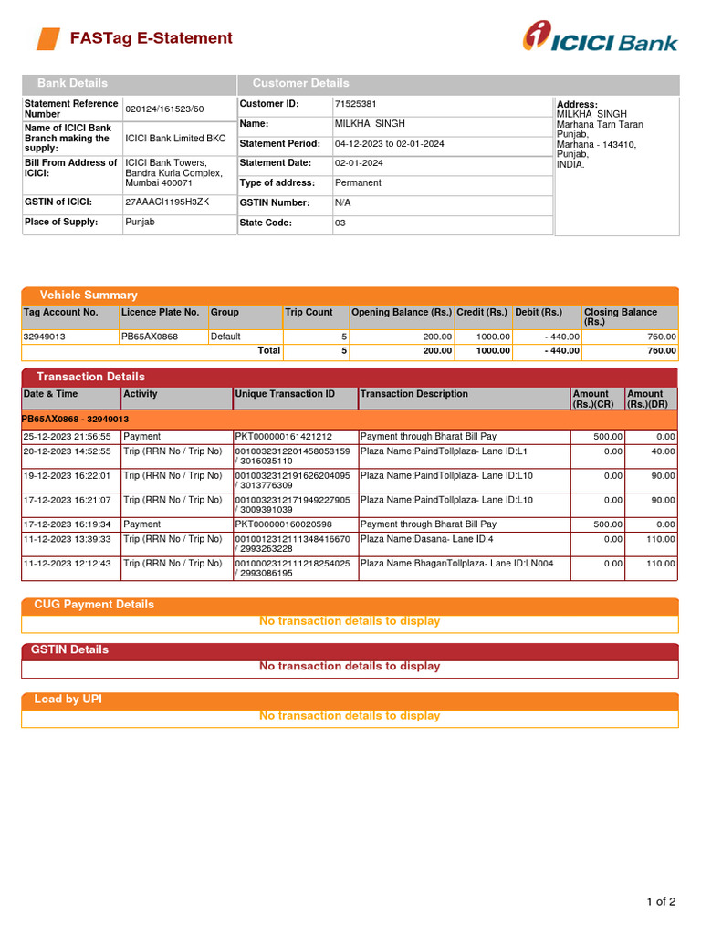 FASTag Statement Download Free PDF Banks Debits And Credits
