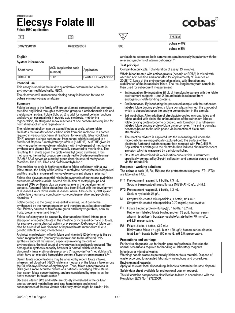 Folate RBC Assay for Vitamin B12 Testing | PDF | Detection Limit | Red ...