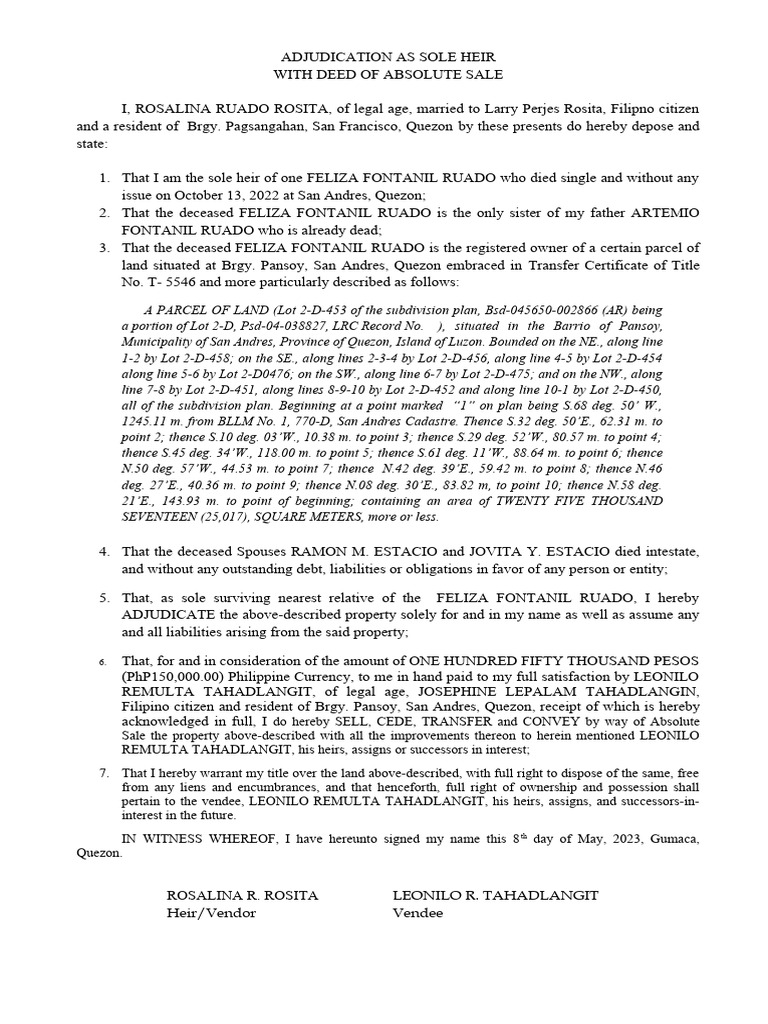 Adjudication As Sole Heir With Deed of Absolute Sale Rosita PDF