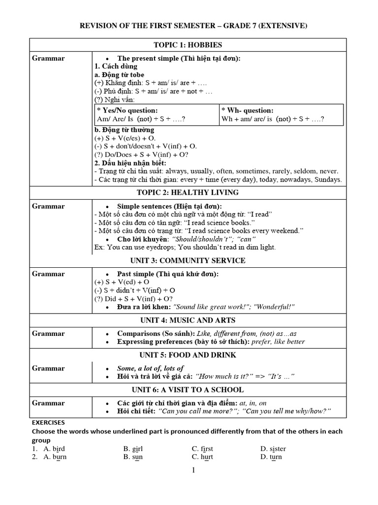 Grade 7 Semester 1 Grammar Revision | PDF | Mental Health | Volunteering