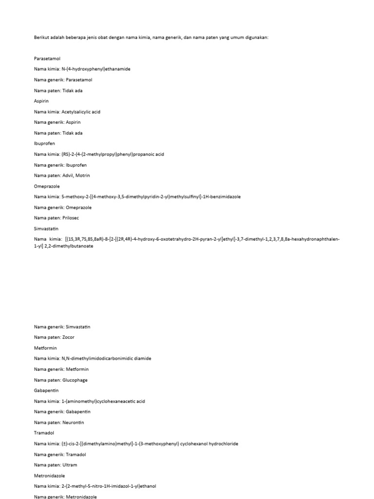 Berikut Adalah Beberapa Jenis Obat Dengan Nama Kimia | PDF