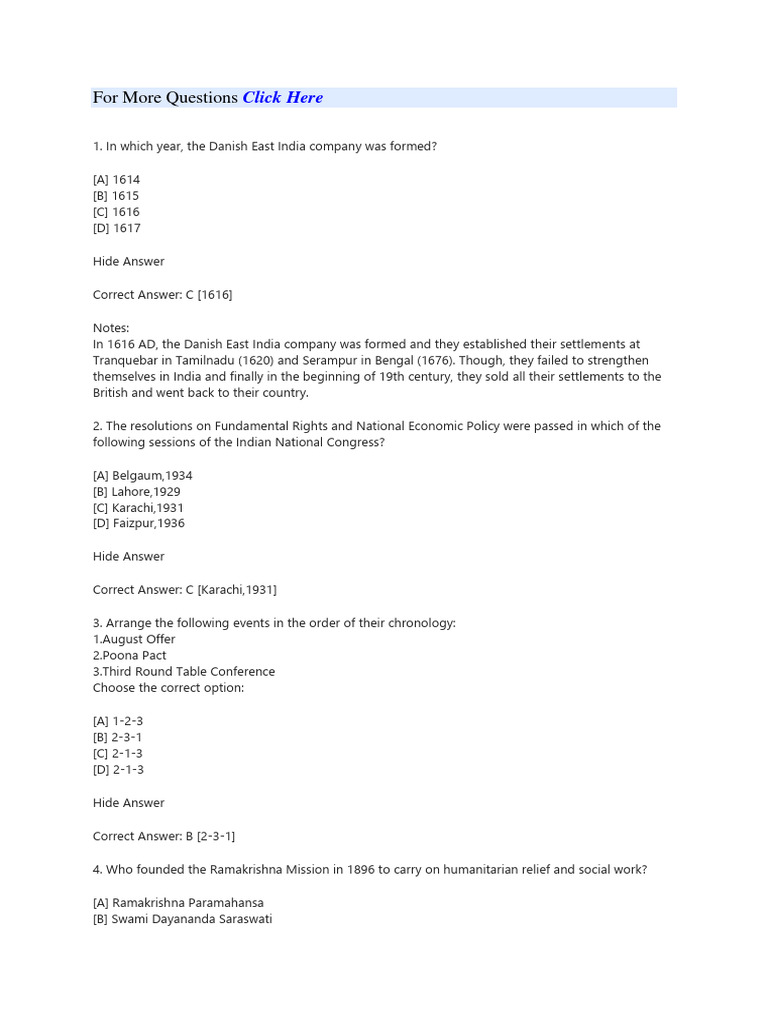 Modern Indian History MCQs with Answers | PDF | Indian National ...