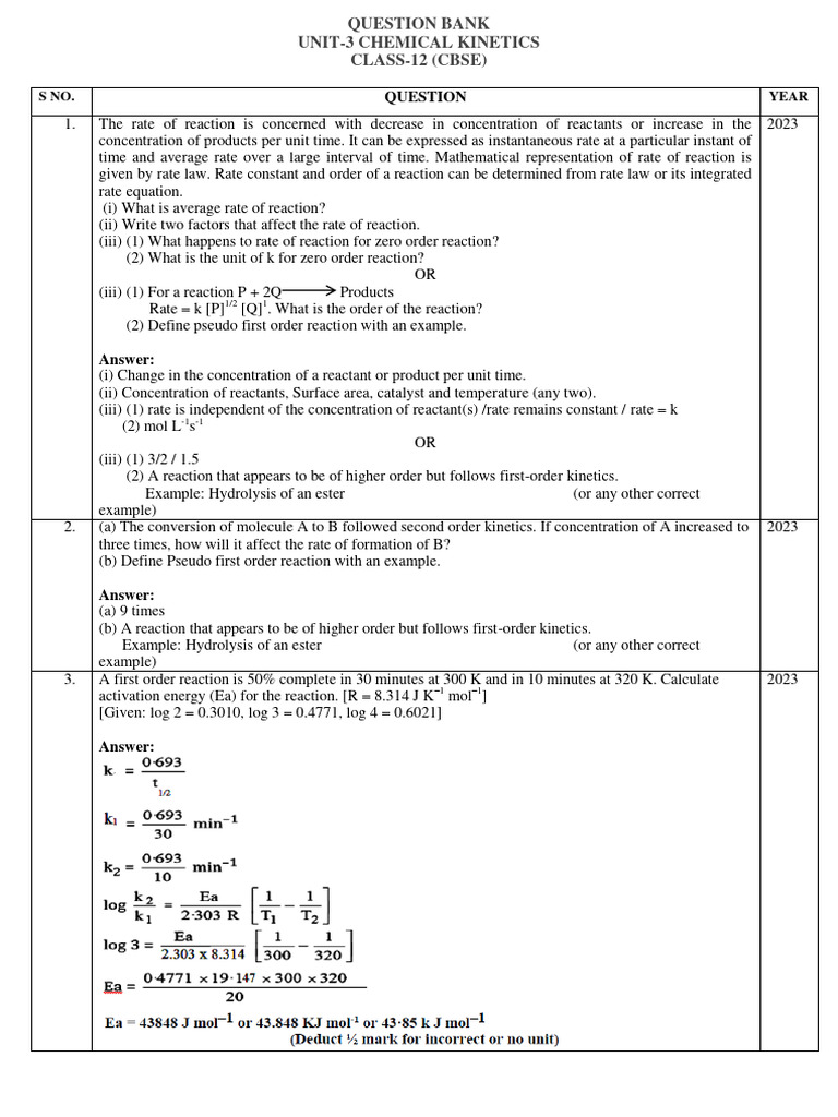 Class 12 Chemical Kinetics Question Bank | PDF | Reaction Rate ...