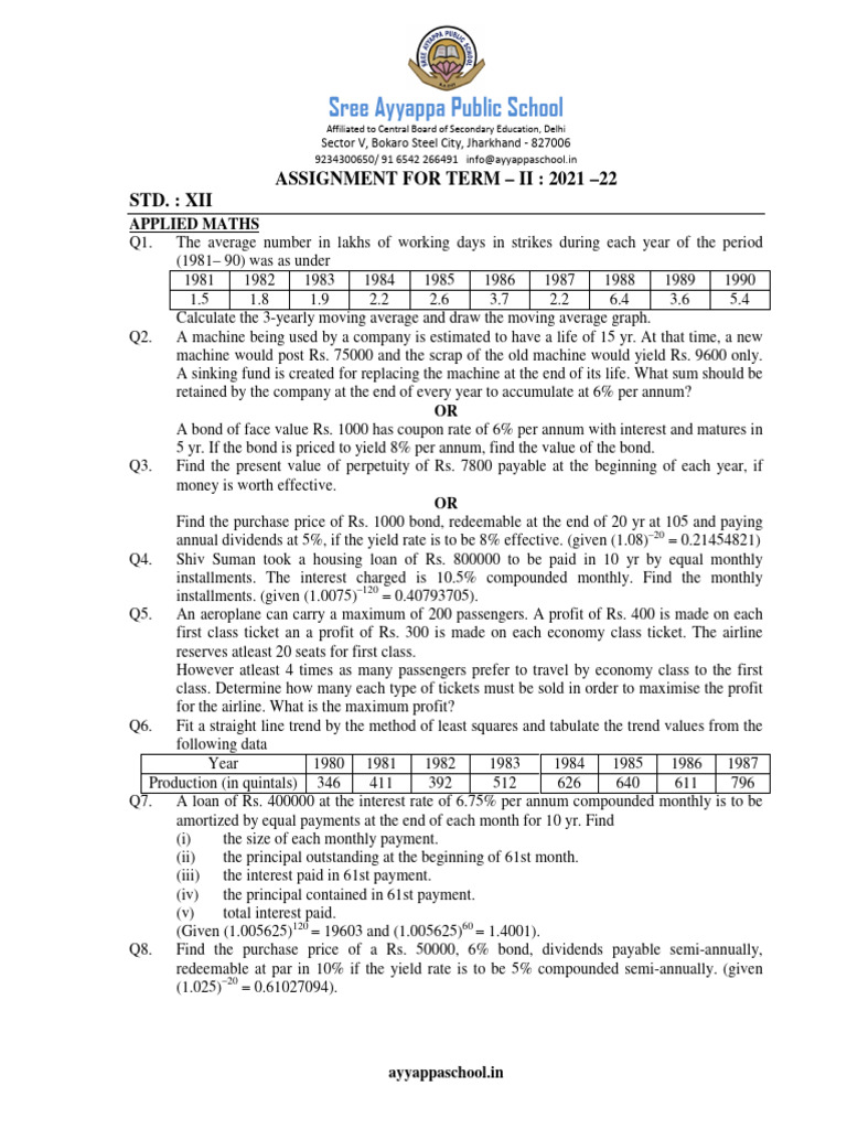 Applied Mathematics Assignment for XII | PDF | Bonds (Finance) | Yield ...