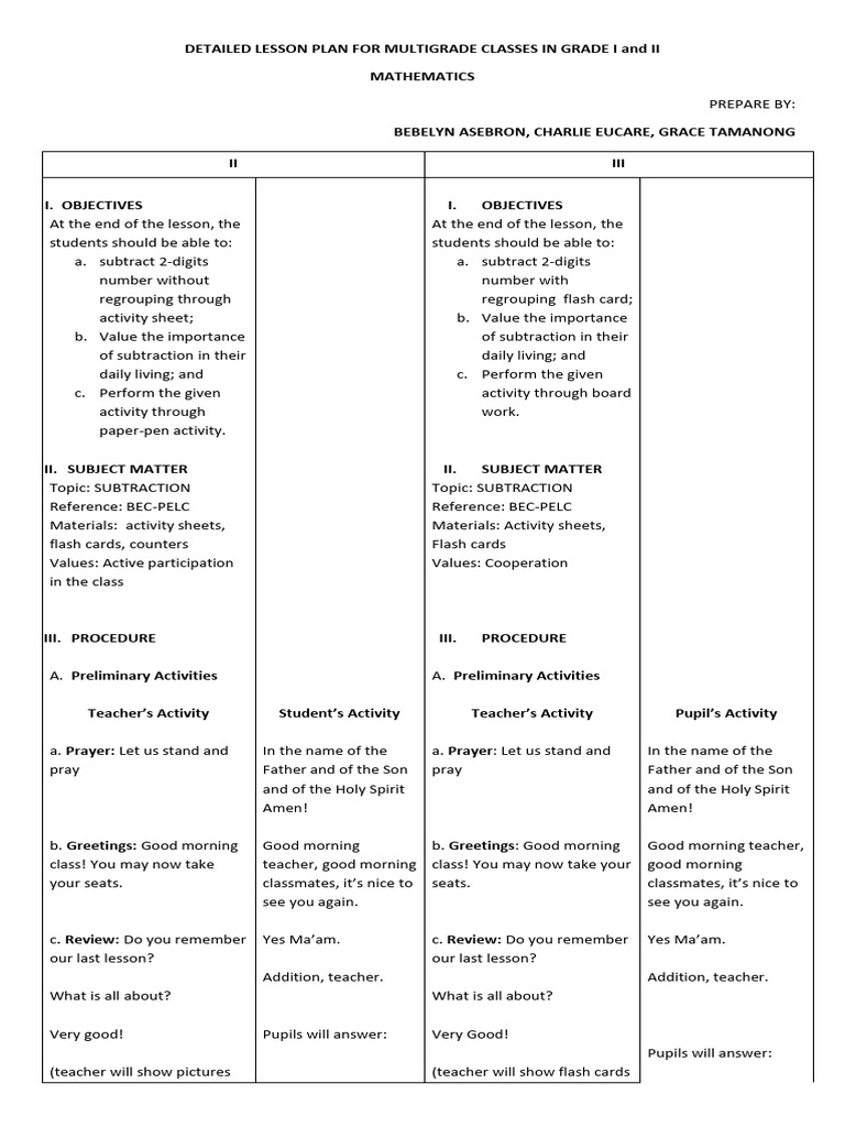 Multigrade Subtraction Lesson Plan | PDF | Subtraction | Mathematics